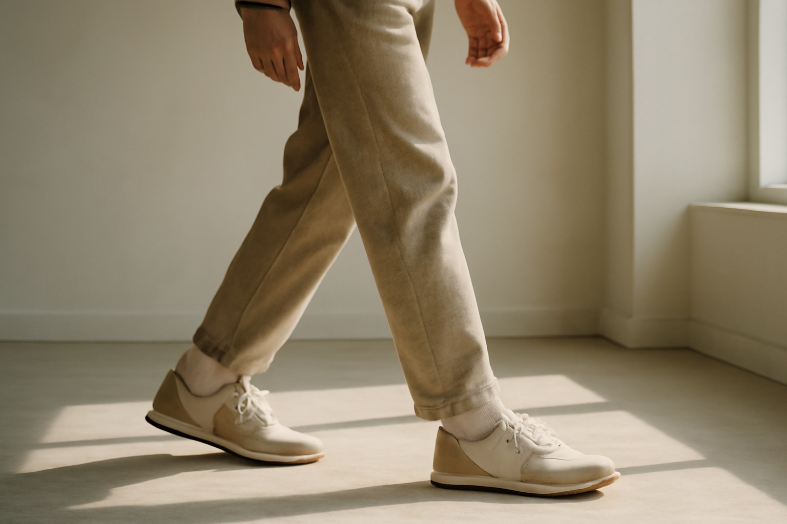 annie-chausseur-porter-chaussures-retro-style-minimal-ville personne marchant avec sneakers rétro