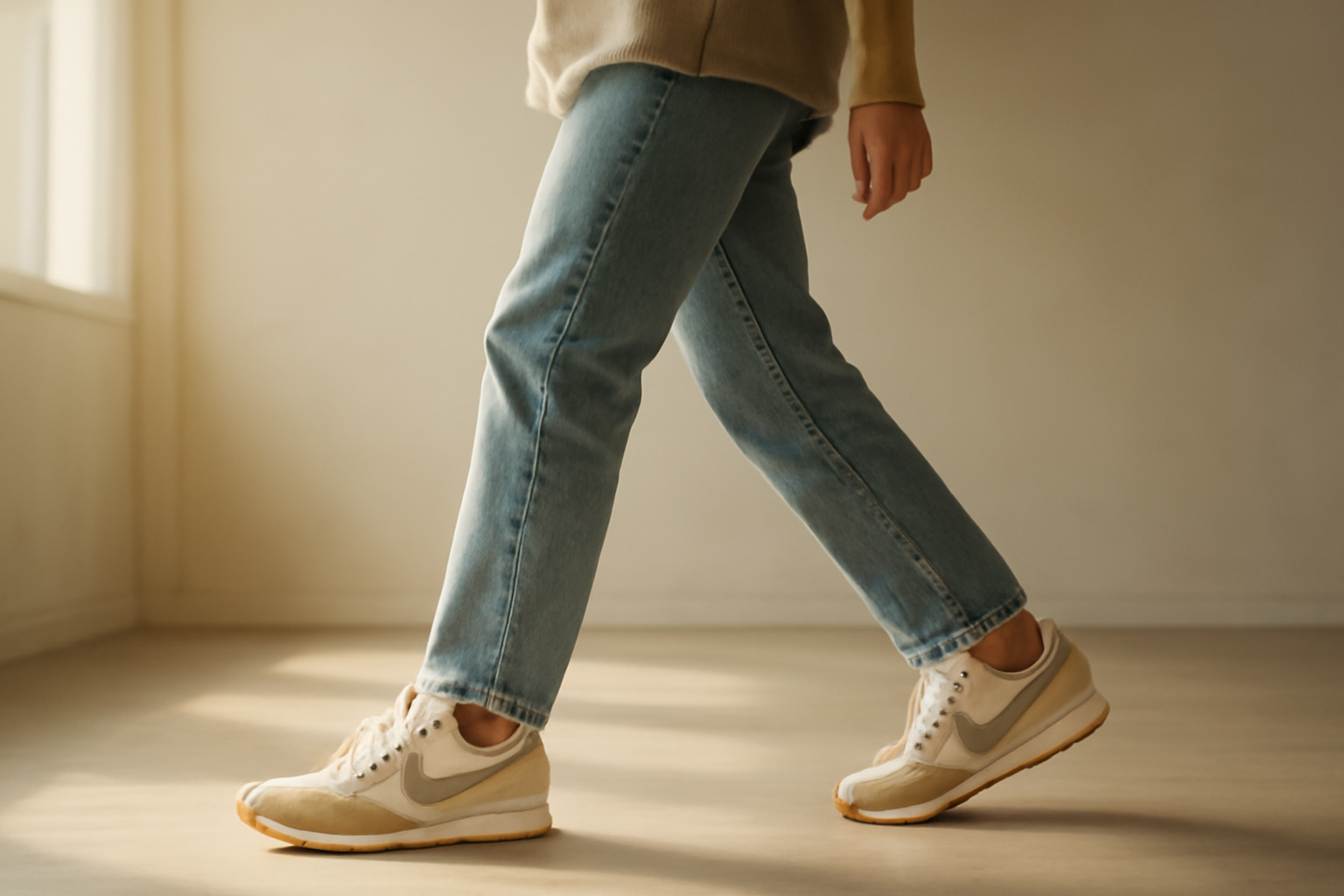 annie-chausseur-porter-chaussures-retro-style-minimaliste-ville personne marchant avec sneakers rétro