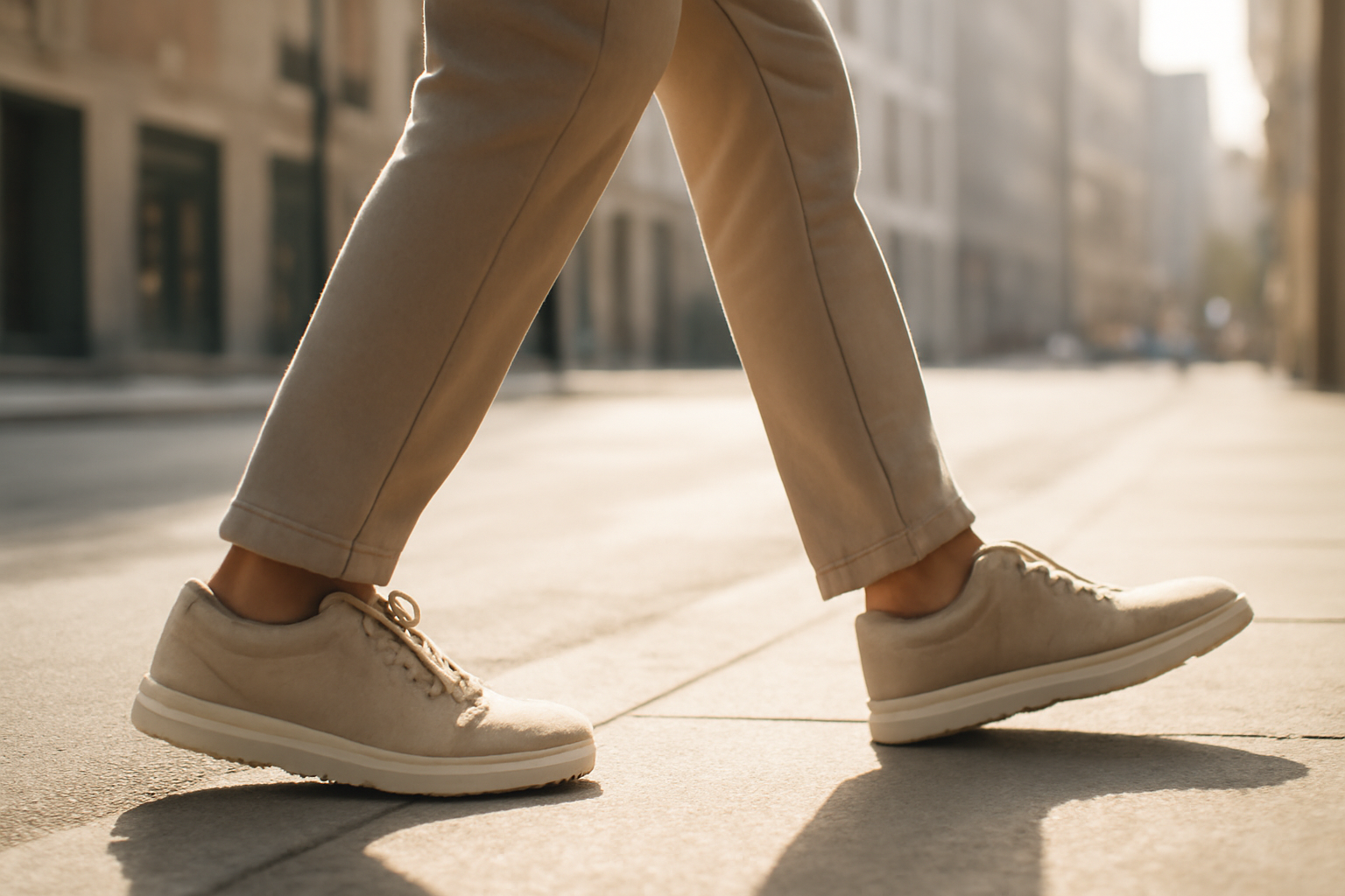 annie-chausseur-porter-chaussures-urbaines-style-minimal-casual personne marchant en ville avec chaussures urbaines