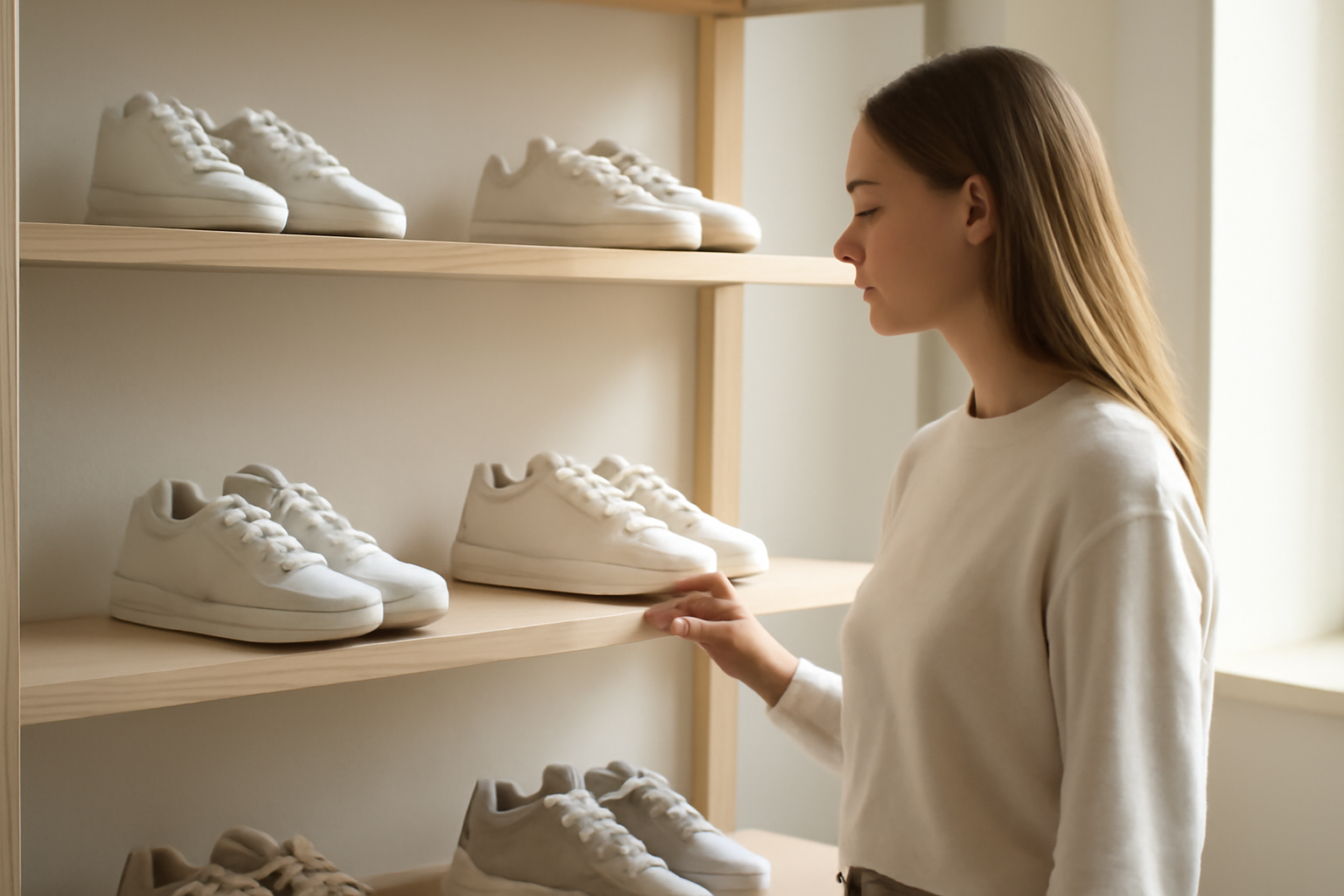 annie-chausseur-quel-magasin-sneakers-saint-malo client observant sneakers sur étagère