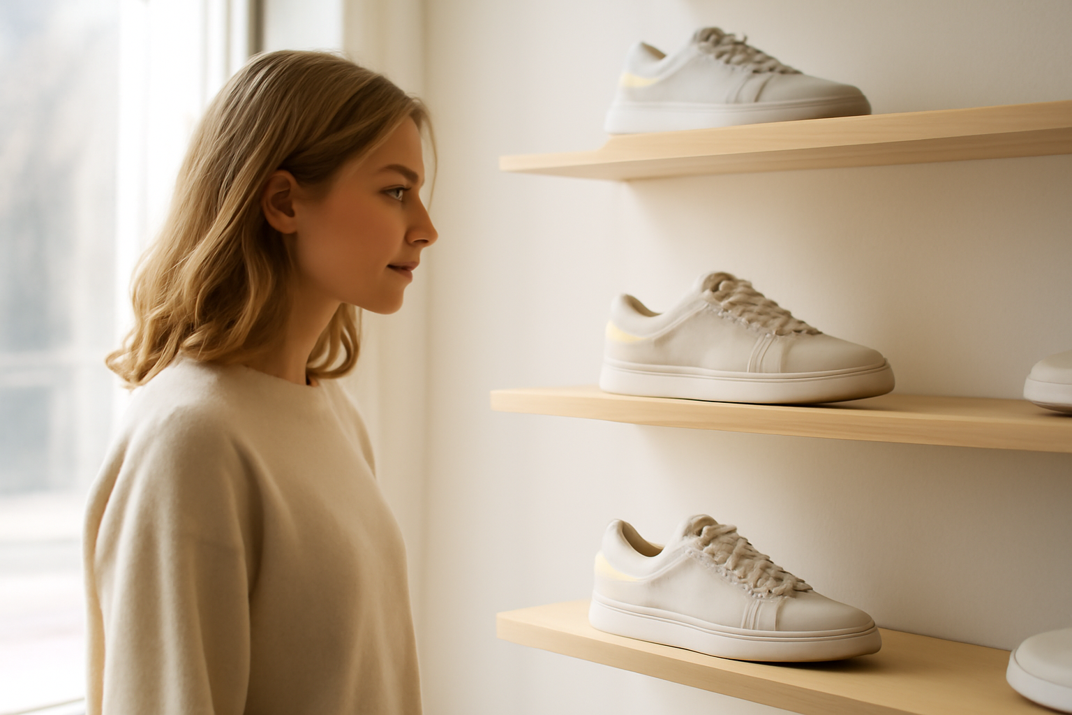 annie-chausseur-quel-magasin-sneakers-valence-centre client observant sneakers sur étagère