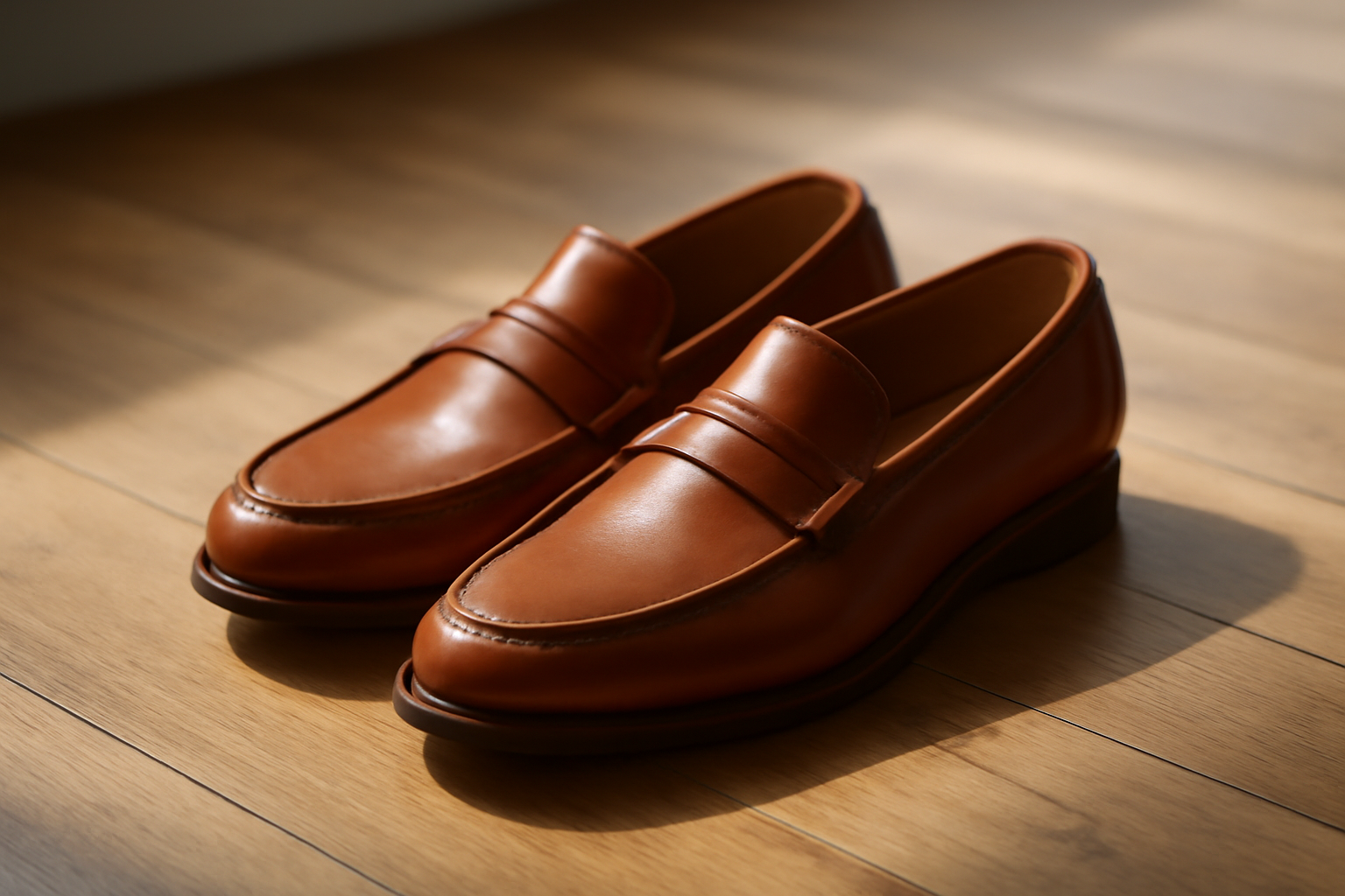 annie-chausseur-sebago-classic-dan-cognac-explication mocassins en cuir cognac posés sur sol bois