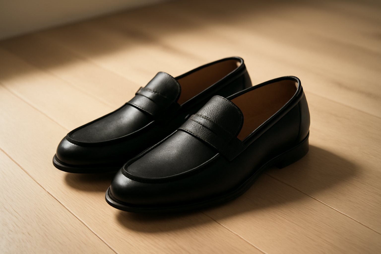 annie-chausseur-sebago-classic-dan-noir-explication mocassins en cuir noir posés sur sol bois
