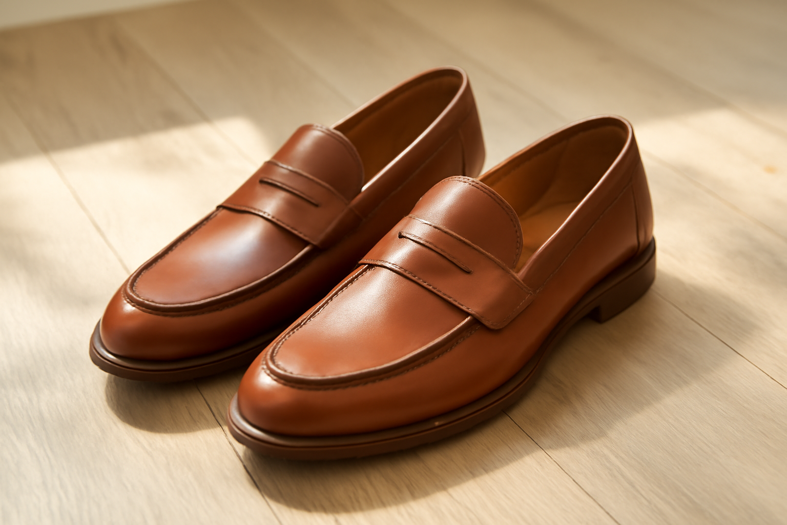 annie-chausseur-sebago-classic-lug-cognac-explication mocassins en cuir cognac posés sur sol bois